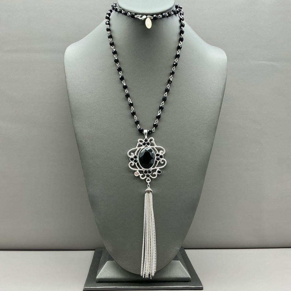 White House Black Market Tassel Necklace Women Black Silver Tone Beaded Filigree